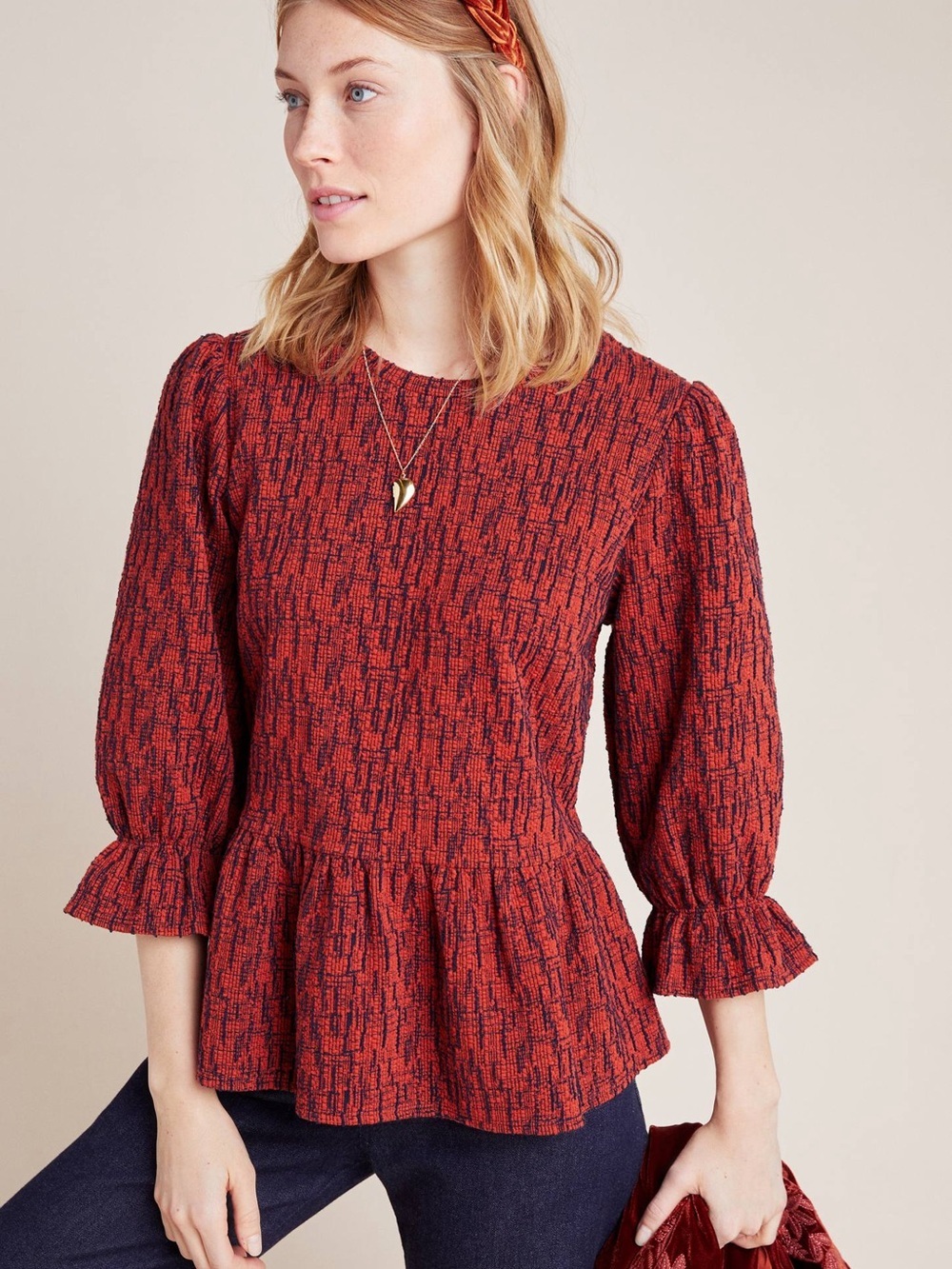 Textured Peplum Blouse in Red and Black
Anthropologie small